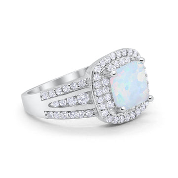 Halo Wedding Ring Princess Lab Created White Opal 925 Sterling Silver